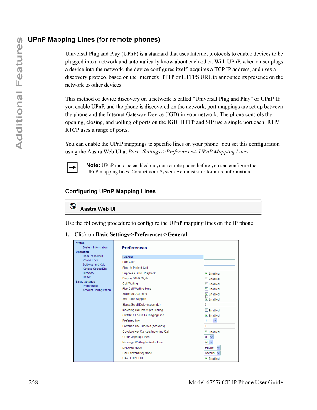 Aastra Telecom 6757I CT manual UPnP Mapping Lines for remote phones, Model 6757i CT IP Phone User Guide 