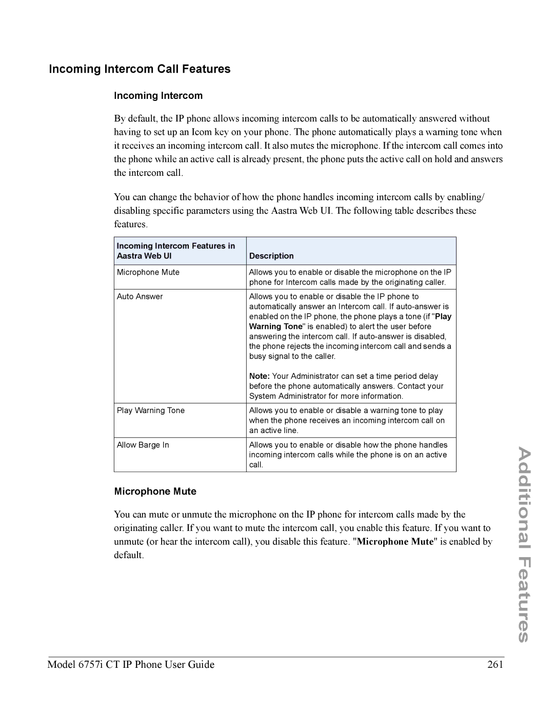 Aastra Telecom 6757I CT manual Incoming Intercom Call Features, Model 6757i CT IP Phone User Guide 261, Microphone Mute 