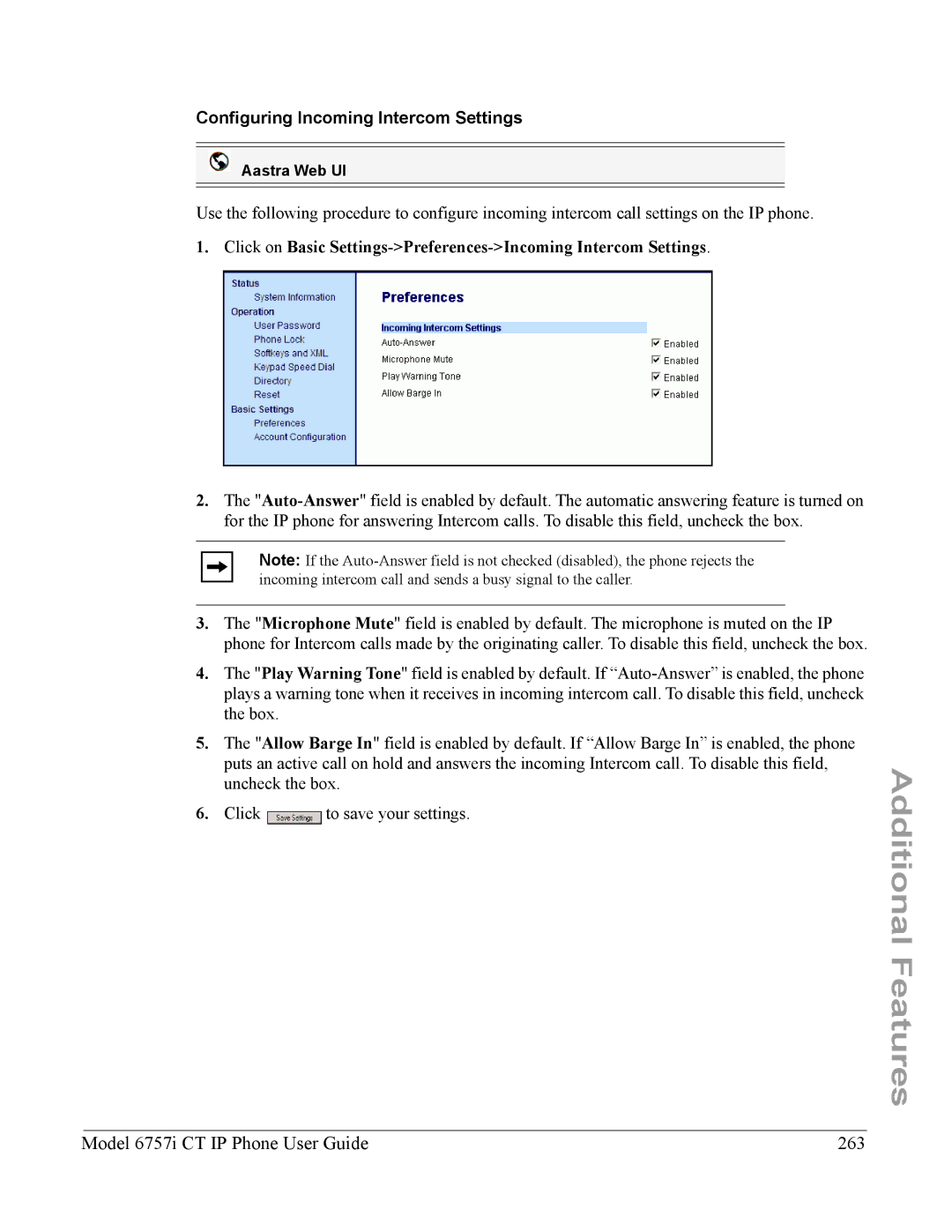 Aastra Telecom 6757I CT manual Model 6757i CT IP Phone User Guide 263, Configuring Incoming Intercom Settings 