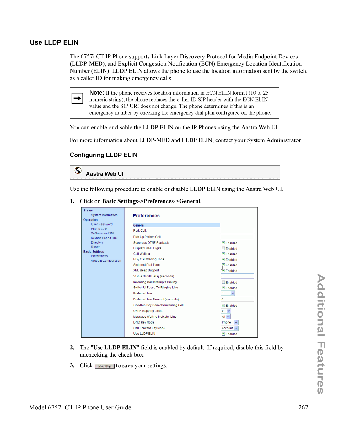 Aastra Telecom 6757I CT manual Model 6757i CT IP Phone User Guide 267, Configuring Lldp Elin 