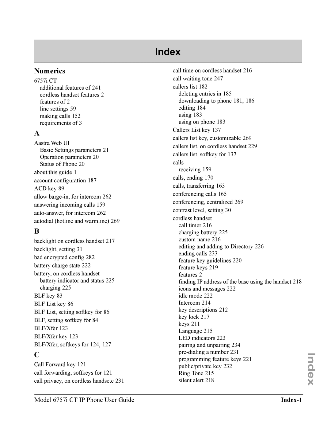 Aastra Telecom 6757I CT manual Index, Numerics 