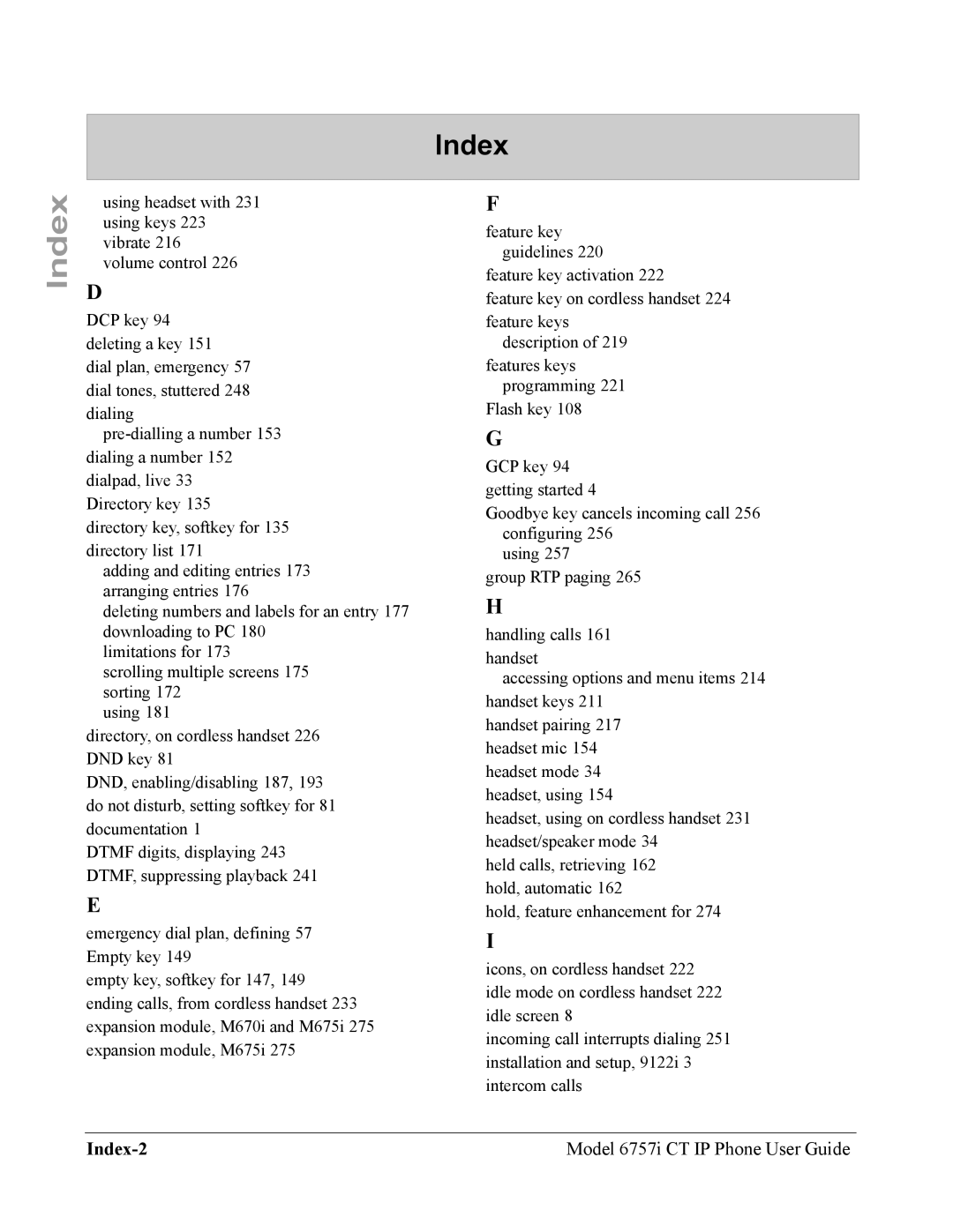 Aastra Telecom 6757I CT manual Index-2 Model 6757i CT IP Phone User Guide 