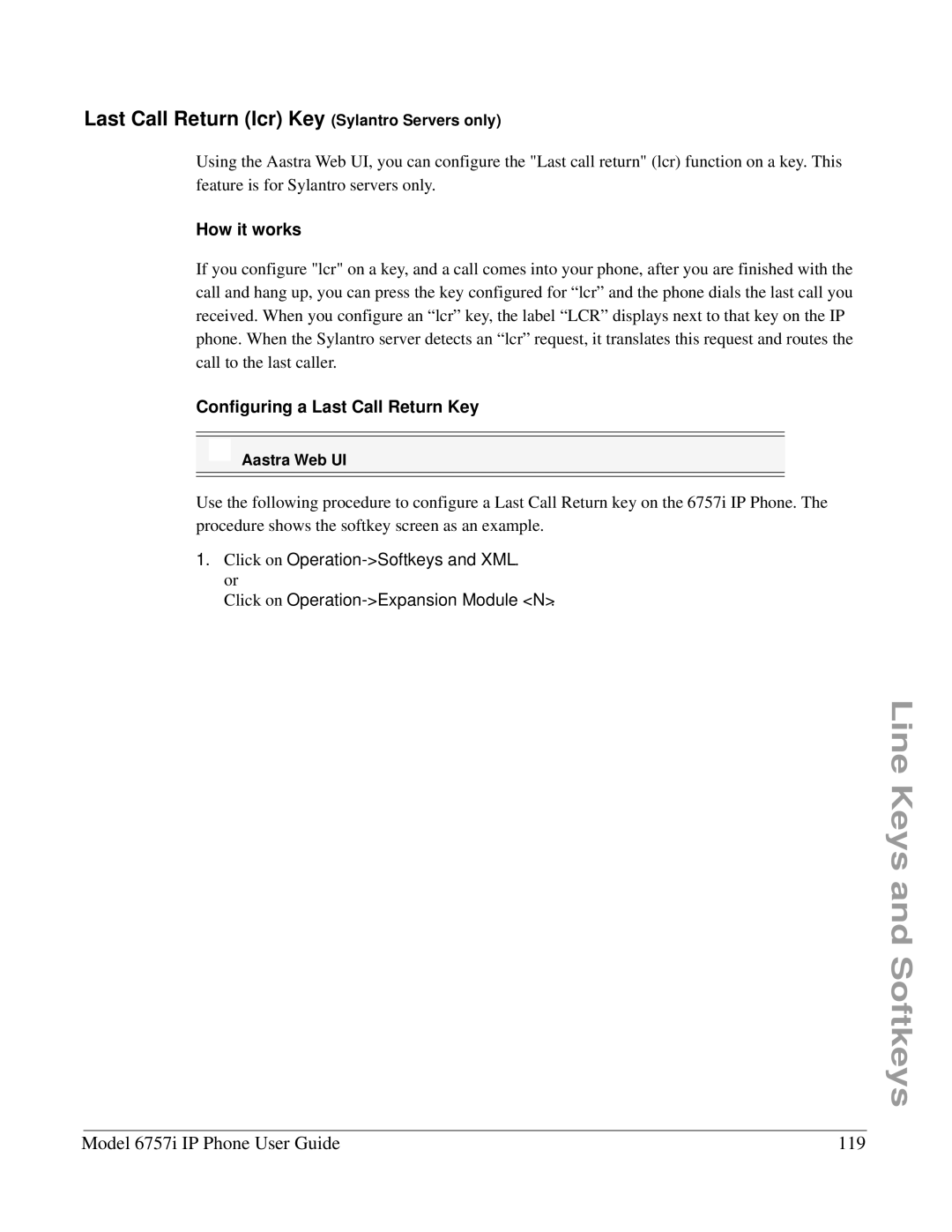 Aastra Telecom 6757I Last Call Return lcr Key Sylantro Servers only, Model 6757i IP Phone User Guide 119, How it works 