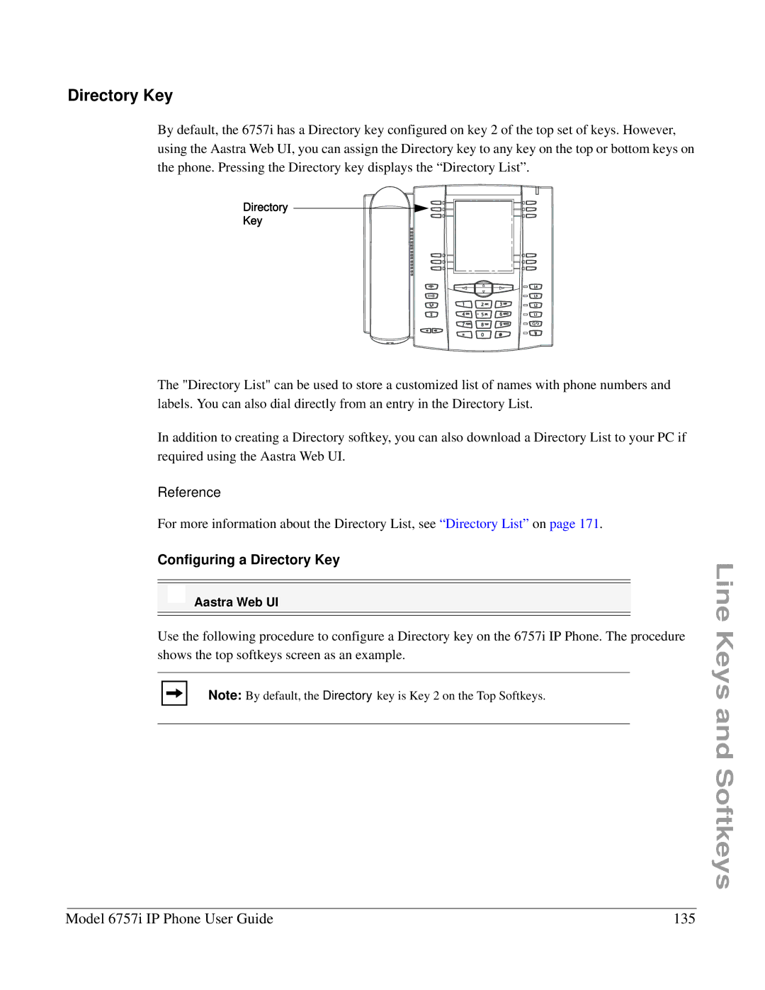 Aastra Telecom 6757I manual Model 6757i IP Phone User Guide 135, Configuring a Directory Key 