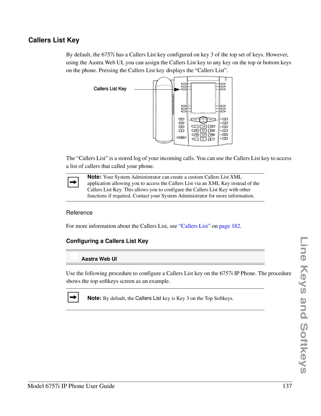 Aastra Telecom 6757I manual Model 6757i IP Phone User Guide 137, Configuring a Callers List Key 