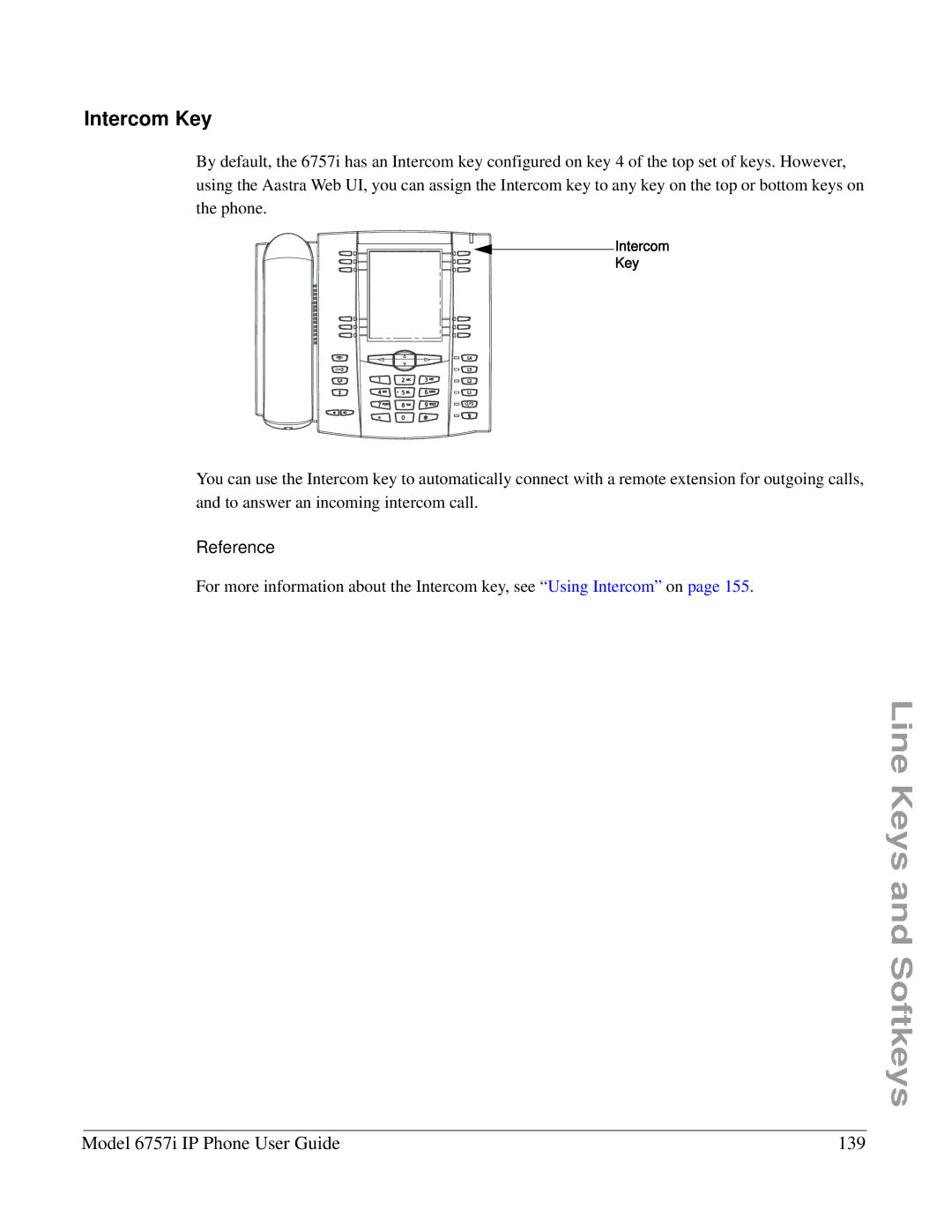 Aastra Telecom 6757I manual Intercom Key, Model 6757i IP Phone User Guide 139 