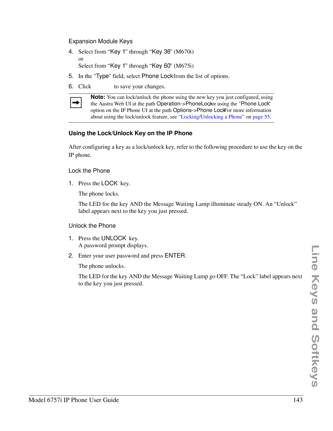 Aastra Telecom 6757I manual Model 6757i IP Phone User Guide 143, Using the Lock/Unlock Key on the IP Phone 