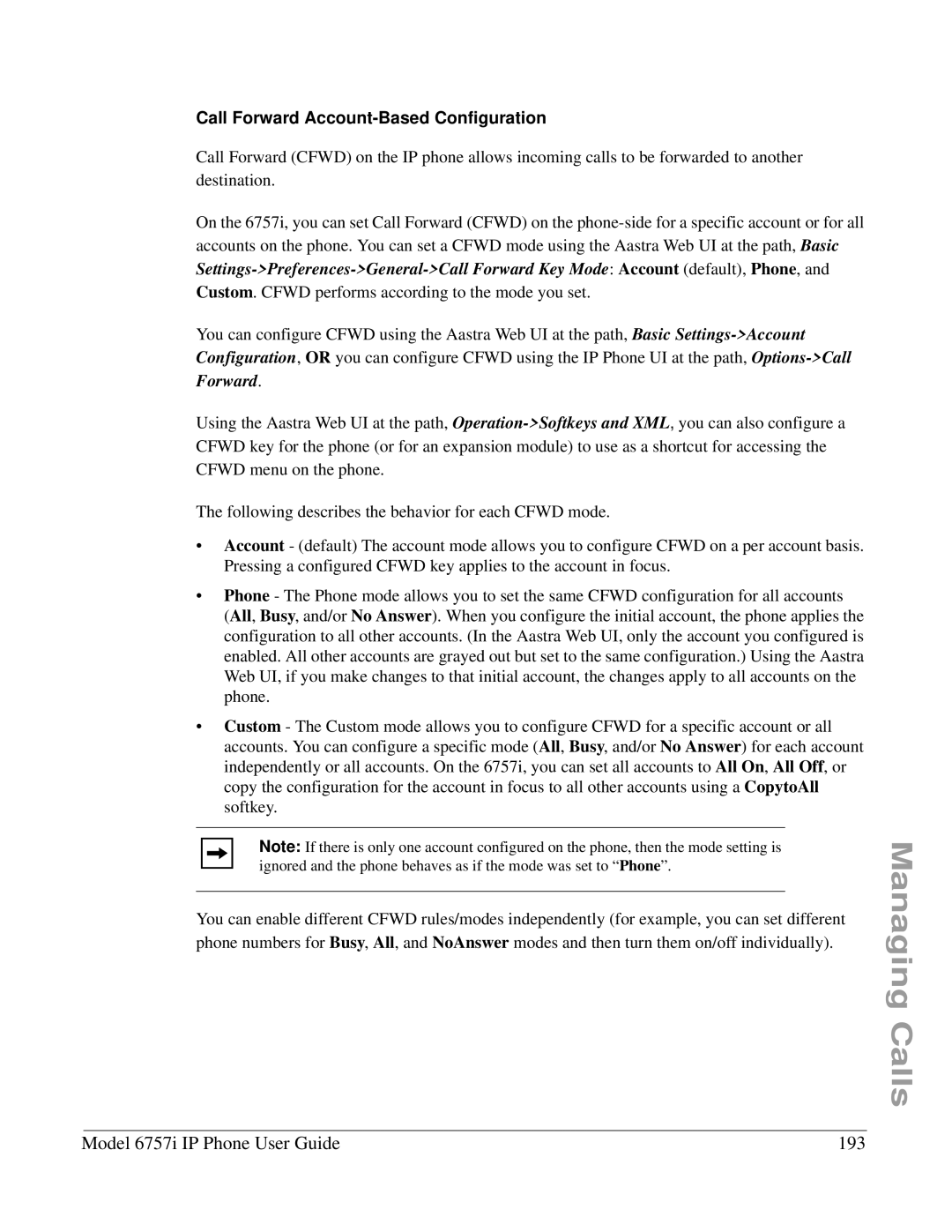 Aastra Telecom 6757I manual Model 6757i IP Phone User Guide 193, Call Forward Account-Based Configuration 