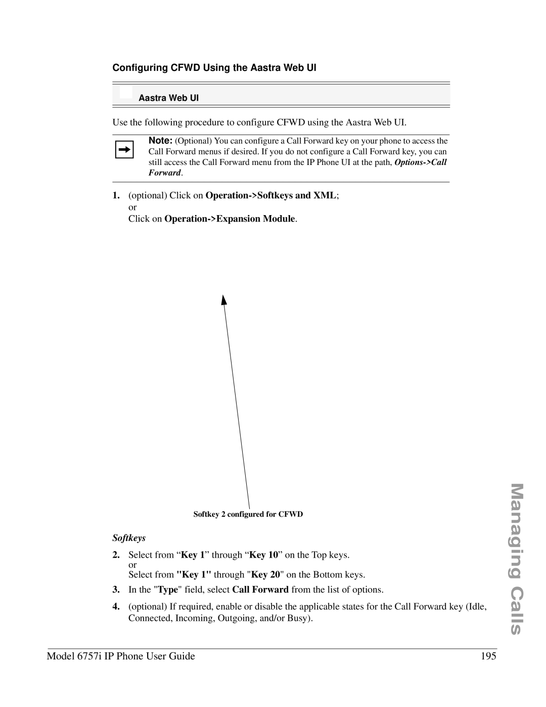 Aastra Telecom 6757I manual Model 6757i IP Phone User Guide 195, Configuring Cfwd Using the Aastra Web UI 