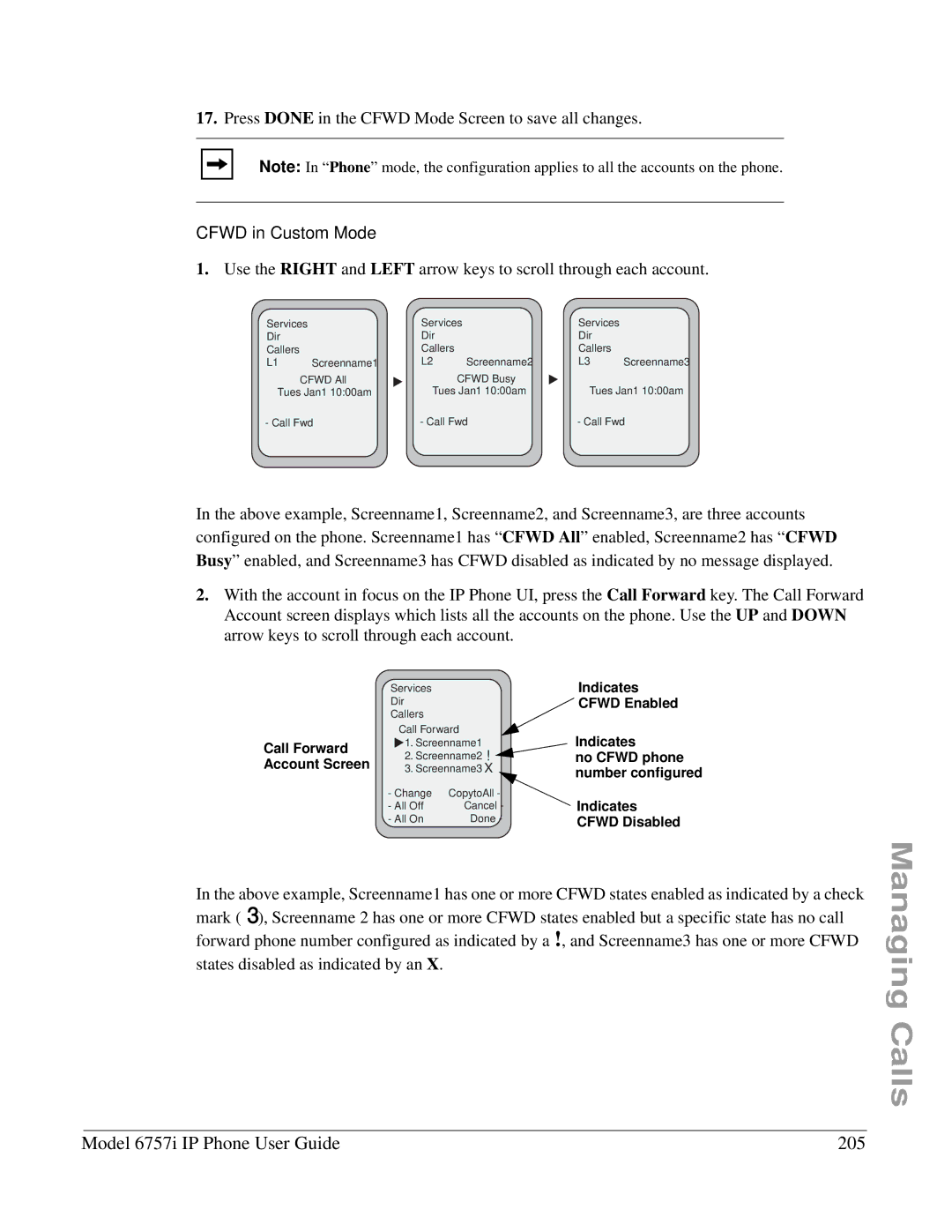 Aastra Telecom 6757I manual Model 6757i IP Phone User Guide 205, Cfwd in Custom Mode 