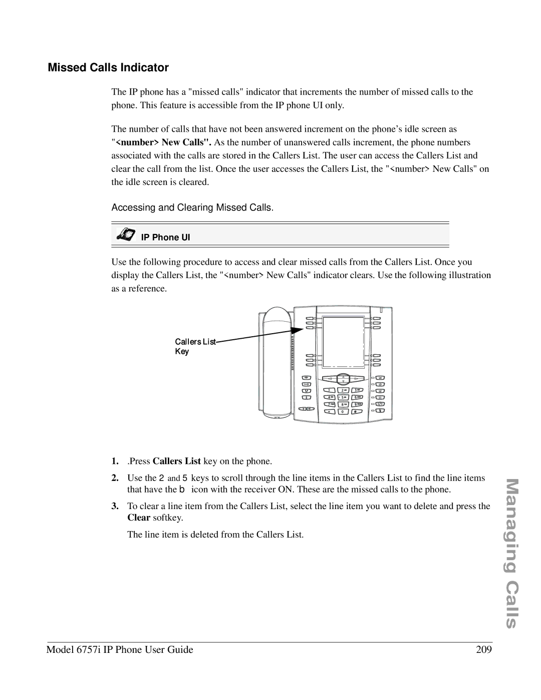 Aastra Telecom 6757I Missed Calls Indicator, Model 6757i IP Phone User Guide 209, Accessing and Clearing Missed Calls 