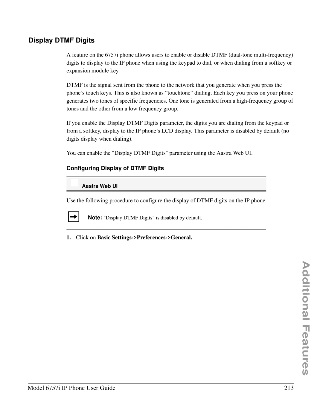 Aastra Telecom 6757I manual Display Dtmf Digits, Model 6757i IP Phone User Guide 213, Configuring Display of Dtmf Digits 