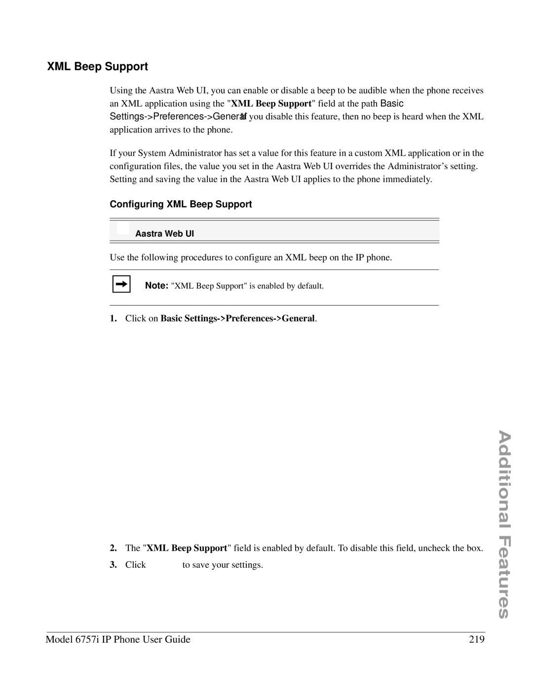 Aastra Telecom 6757I manual Model 6757i IP Phone User Guide 219, Configuring XML Beep Support 