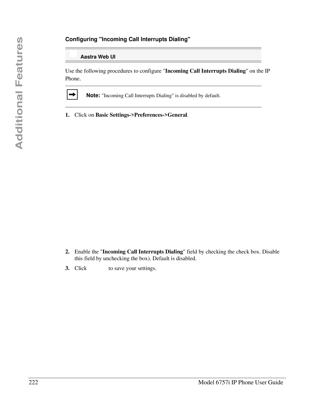 Aastra Telecom 6757I manual Model 6757i IP Phone User Guide, Configuring Incoming Call Interrupts Dialing 