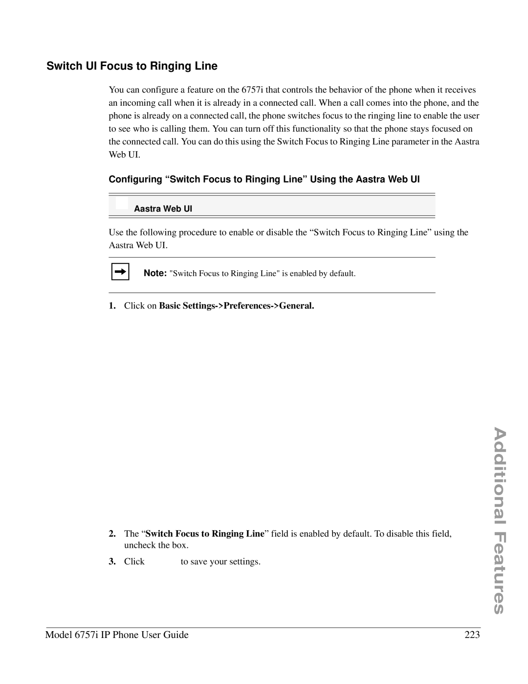 Aastra Telecom 6757I manual Switch UI Focus to Ringing Line, Model 6757i IP Phone User Guide 223 