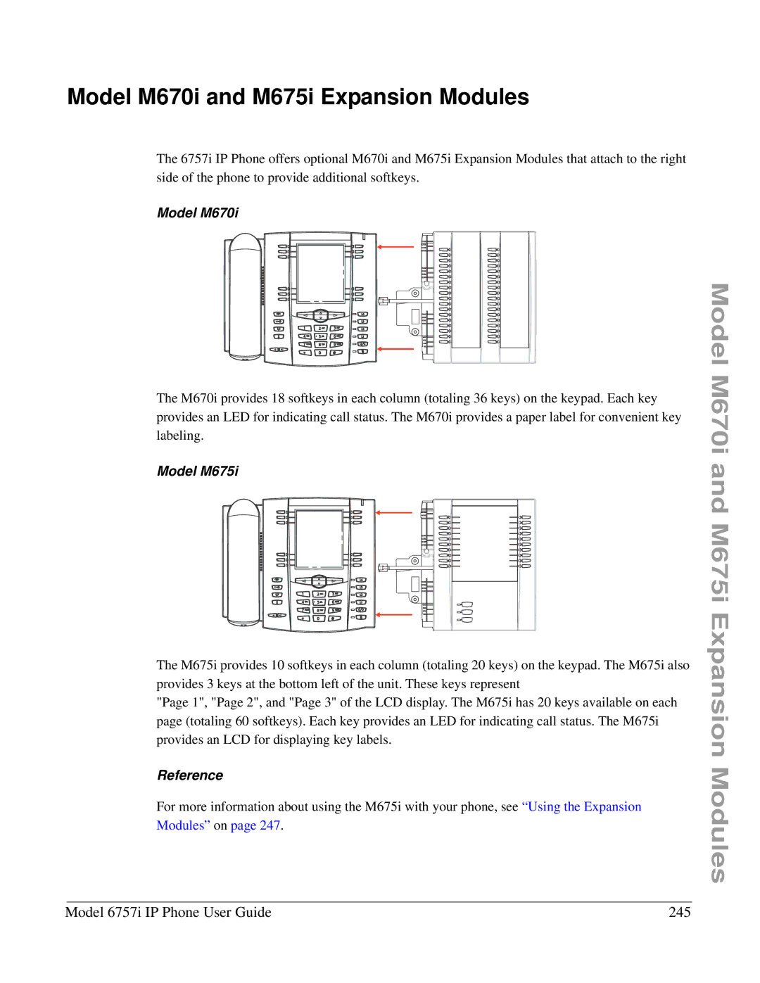 Aastra Telecom 6757I manual Model M670i and M675i Expansion Modules, Model 6757i IP Phone User Guide 245, Model M675i 