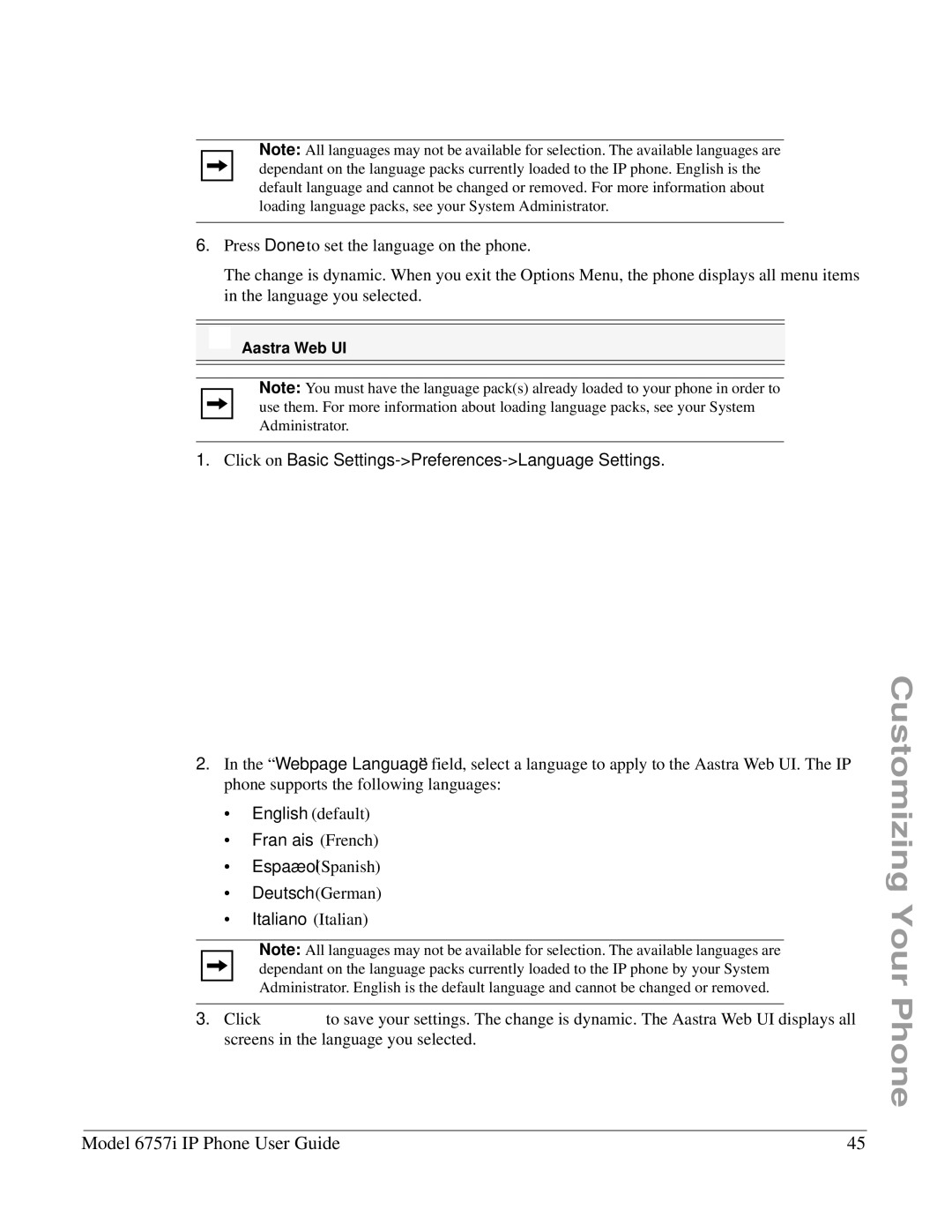 Aastra Telecom 6757I manual Click on Basic Settings-Preferences-Language Settings 