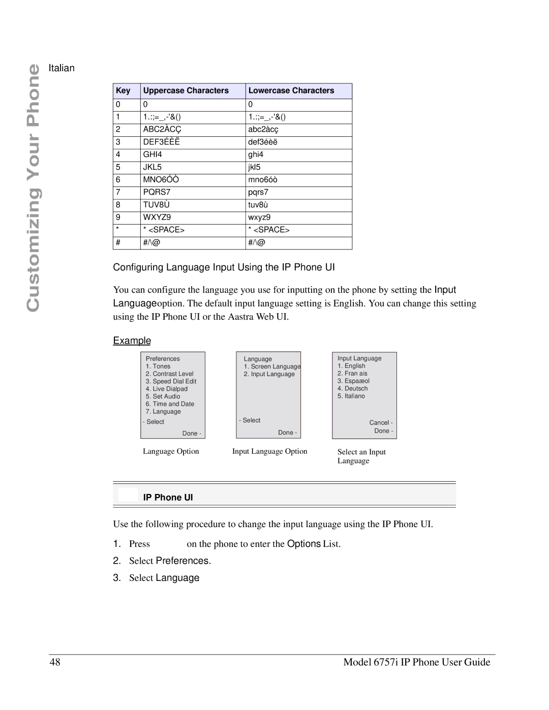 Aastra Telecom 6757I manual Italian, Configuring Language Input Using the IP Phone UI, Example 