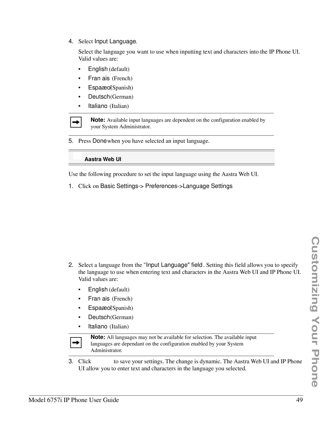 Aastra Telecom 6757I manual Select Input Language, Click on Basic Settings- Preferences-Language Settings 