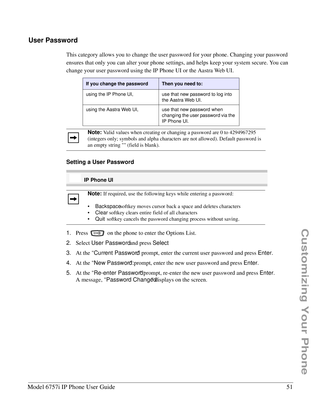 Aastra Telecom 6757I manual Setting a User Password, Select User Password and press Select 