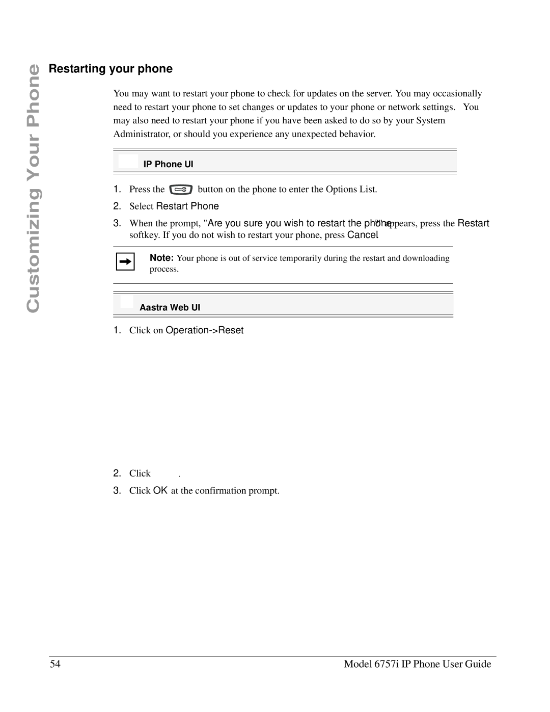 Aastra Telecom 6757I manual Restarting your phone, Select Restart Phone, Click on Operation-Reset 