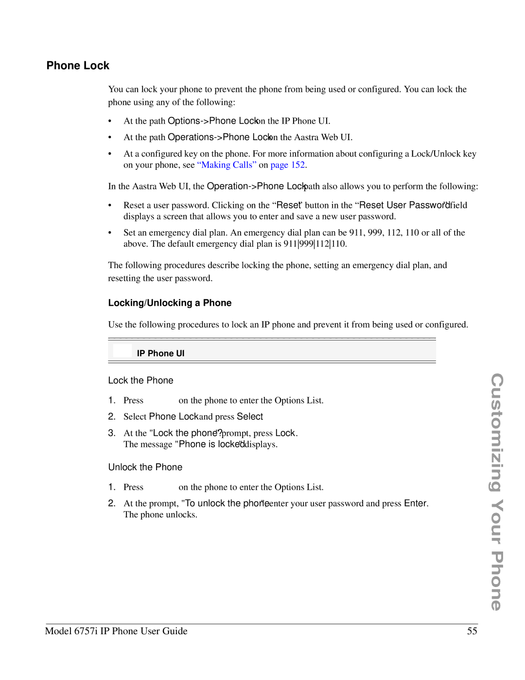 Aastra Telecom 6757I manual Phone Lock, Locking/Unlocking a Phone, Lock the Phone, Unlock the Phone 