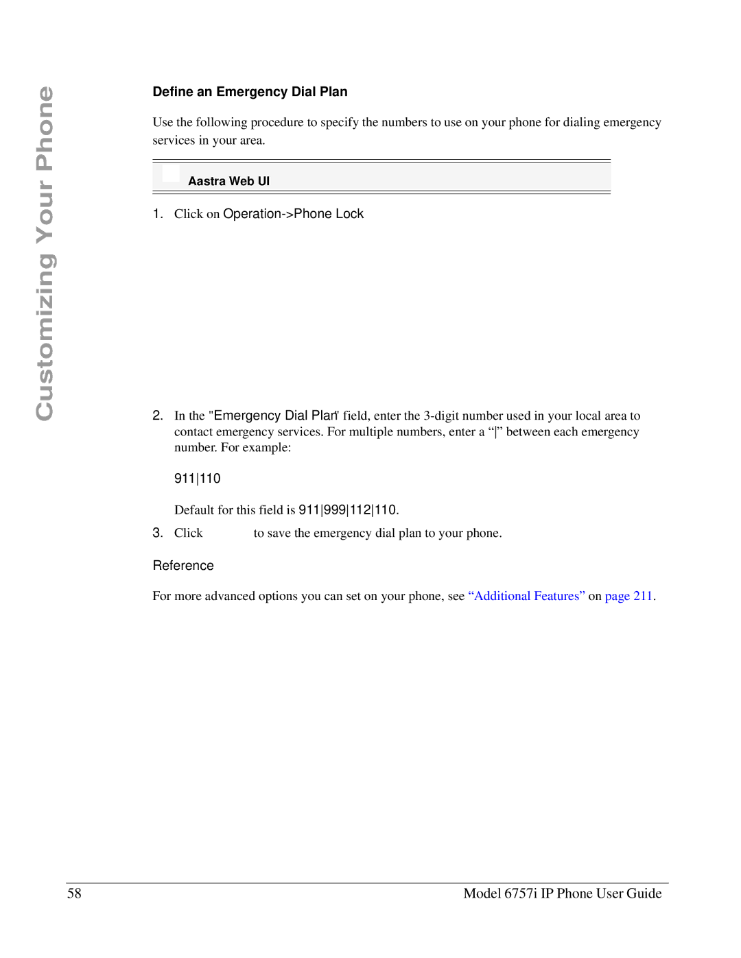 Aastra Telecom 6757I manual Define an Emergency Dial Plan, 911110 