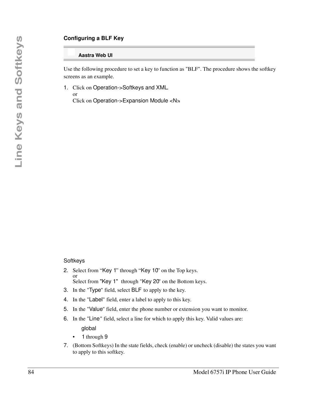 Aastra Telecom 6757I manual Configuring a BLF Key, Global 