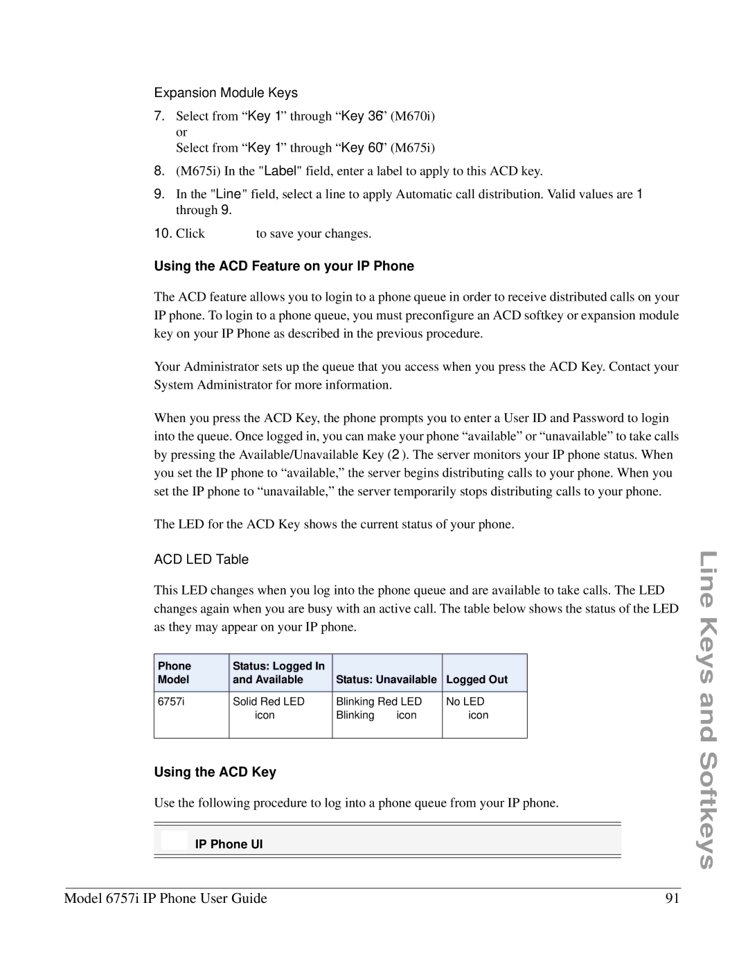 Aastra Telecom 6757I manual Using the ACD Feature on your IP Phone, ACD LED Table, Using the ACD Key 