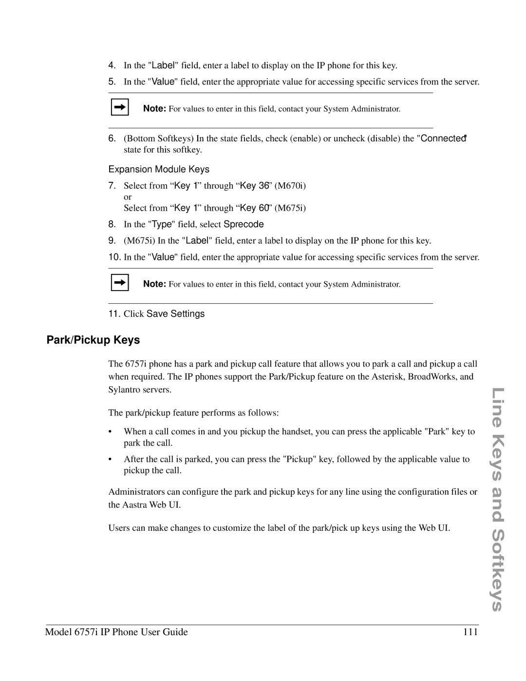 Aastra Telecom 6757I manual Park/Pickup Keys, Model 6757i IP Phone User Guide 111 