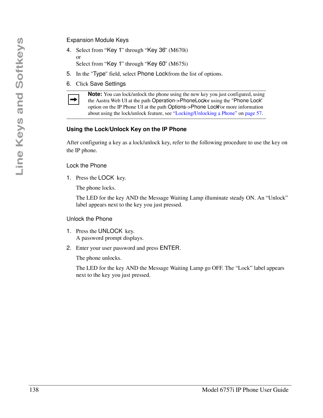 Aastra Telecom 6757I manual Model 6757i IP Phone User Guide, Using the Lock/Unlock Key on the IP Phone 