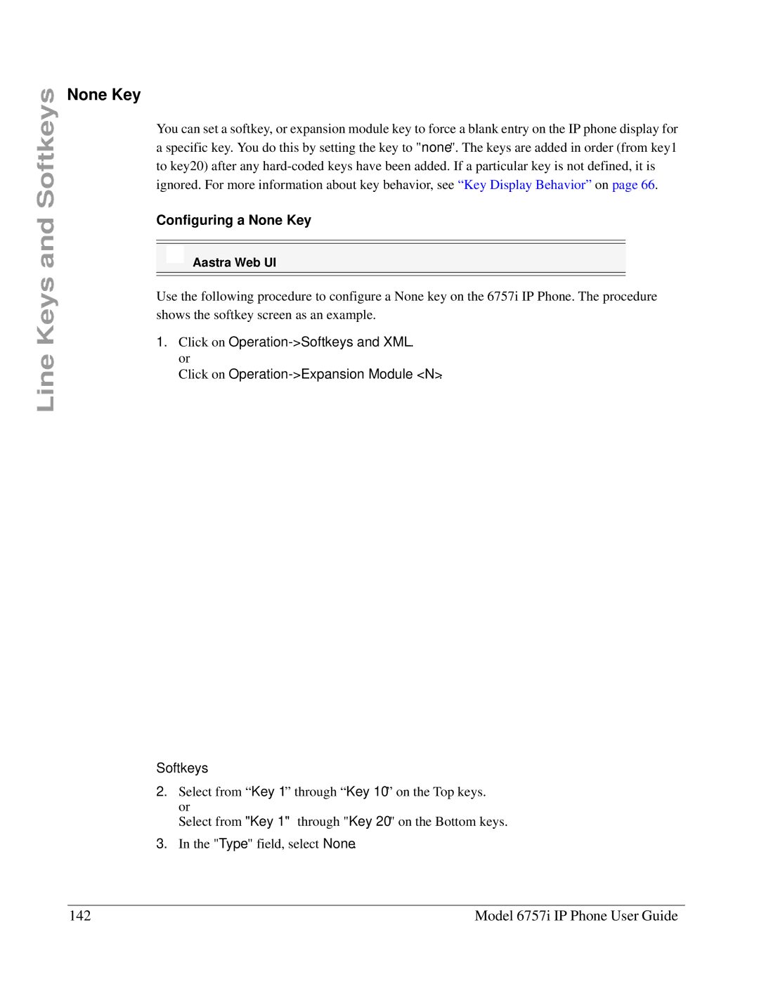 Aastra Telecom 6757I manual Model 6757i IP Phone User Guide, Configuring a None Key 