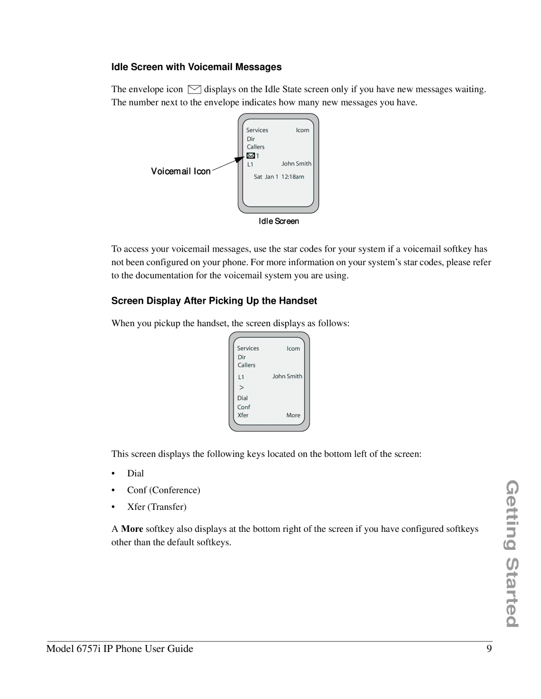 Aastra Telecom 6757I manual Idle Screen with Voicemail Messages, Screen Display After Picking Up the Handset 