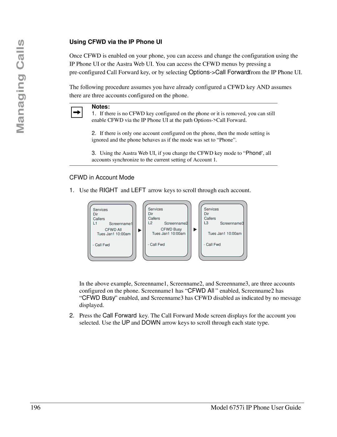 Aastra Telecom 6757I manual Model 6757i IP Phone User Guide, Using Cfwd via the IP Phone UI, Cfwd in Account Mode 