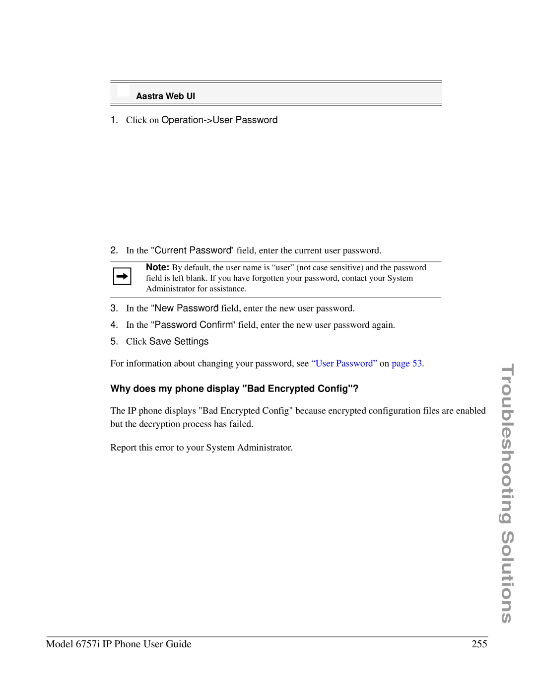 Aastra Telecom 6757I manual Model 6757i IP Phone User Guide 255, Why does my phone display Bad Encrypted Config? 