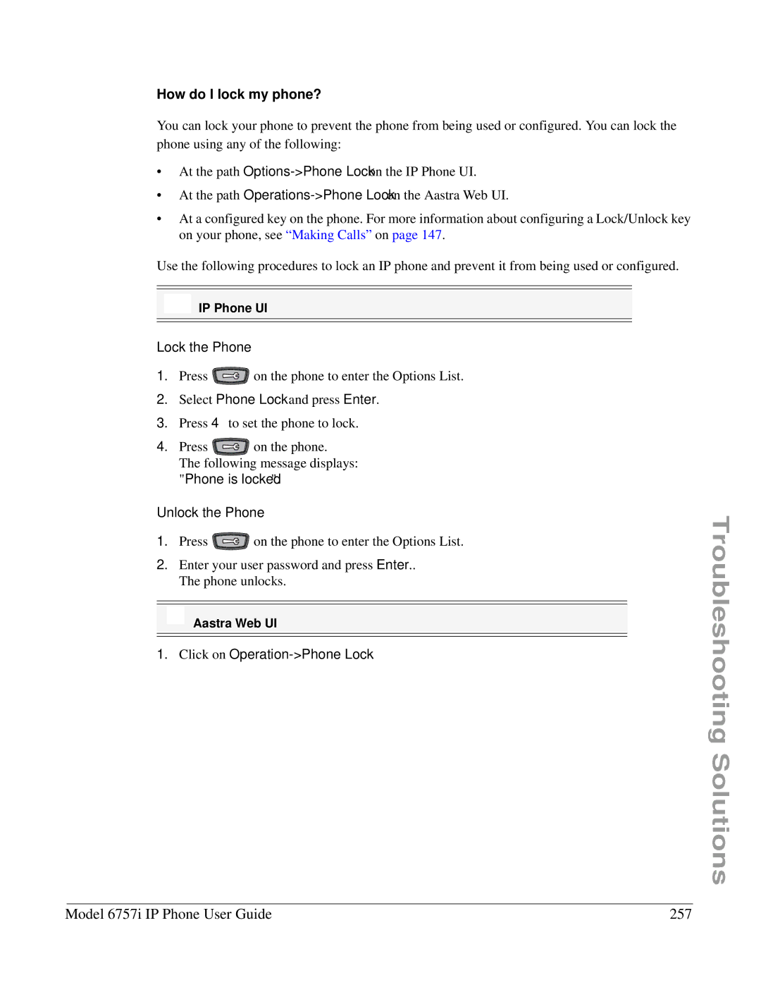 Aastra Telecom 6757I manual Model 6757i IP Phone User Guide 257, How do I lock my phone? 