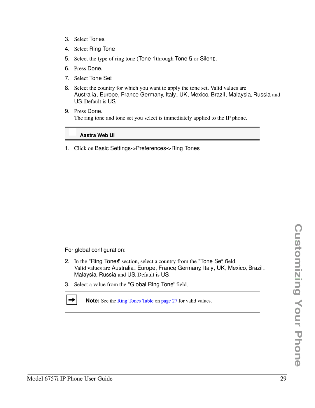 Aastra Telecom 6757I manual Select Ring Tone, Click on Basic Settings-Preferences-Ring Tones 