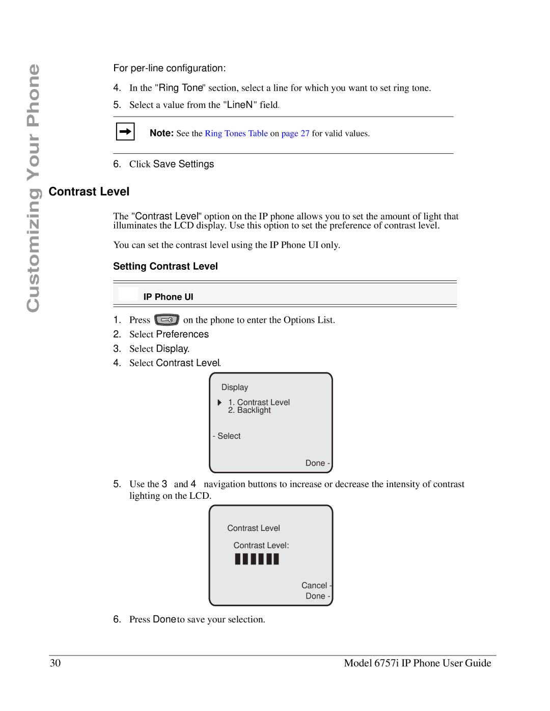 Aastra Telecom 6757I manual Click Save Settings, Setting Contrast Level, Select Contrast Level 