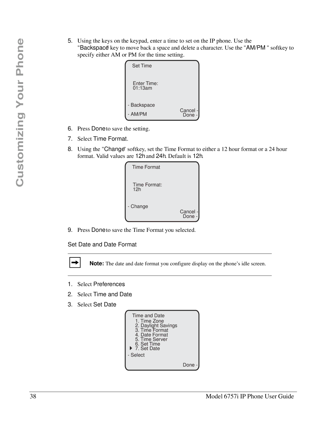 Aastra Telecom 6757I manual Select Time Format, Set Date and Date Format, Select Preferences Select Time and Date 