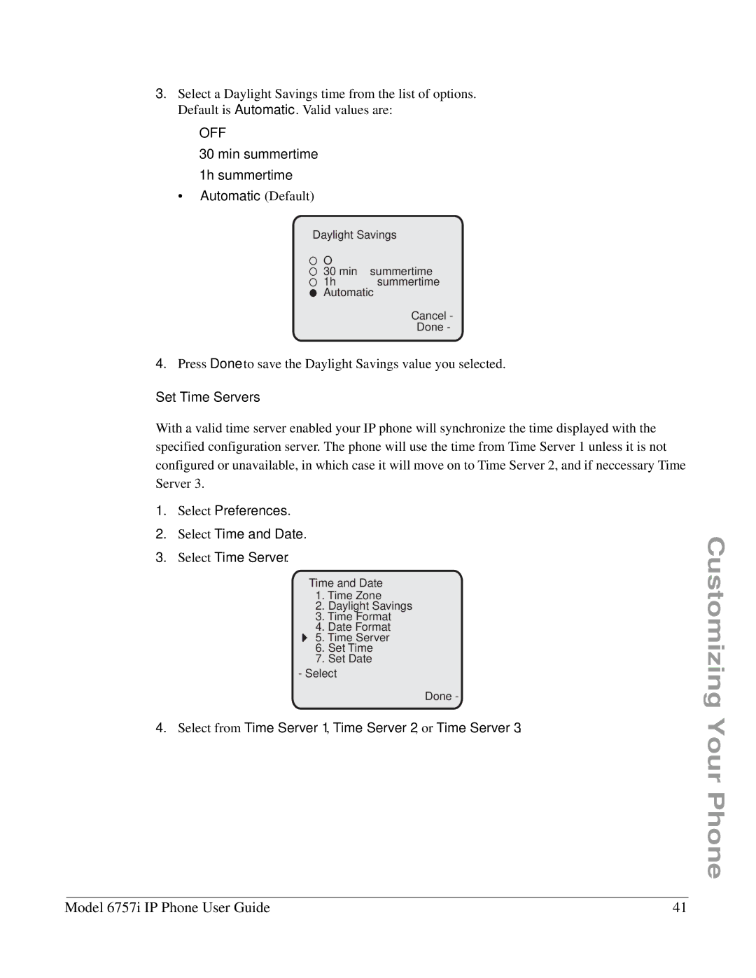 Aastra Telecom 6757I manual Min summertime 1h summertime Automatic Default, Set Time Servers 