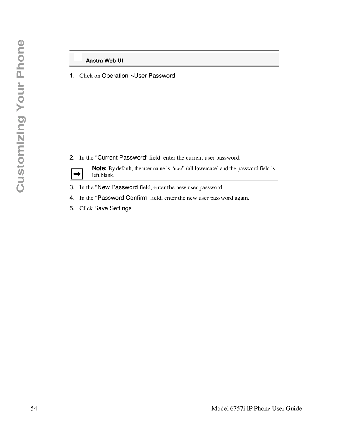 Aastra Telecom 6757I manual Click on Operation-User Password, Click Save Settings 