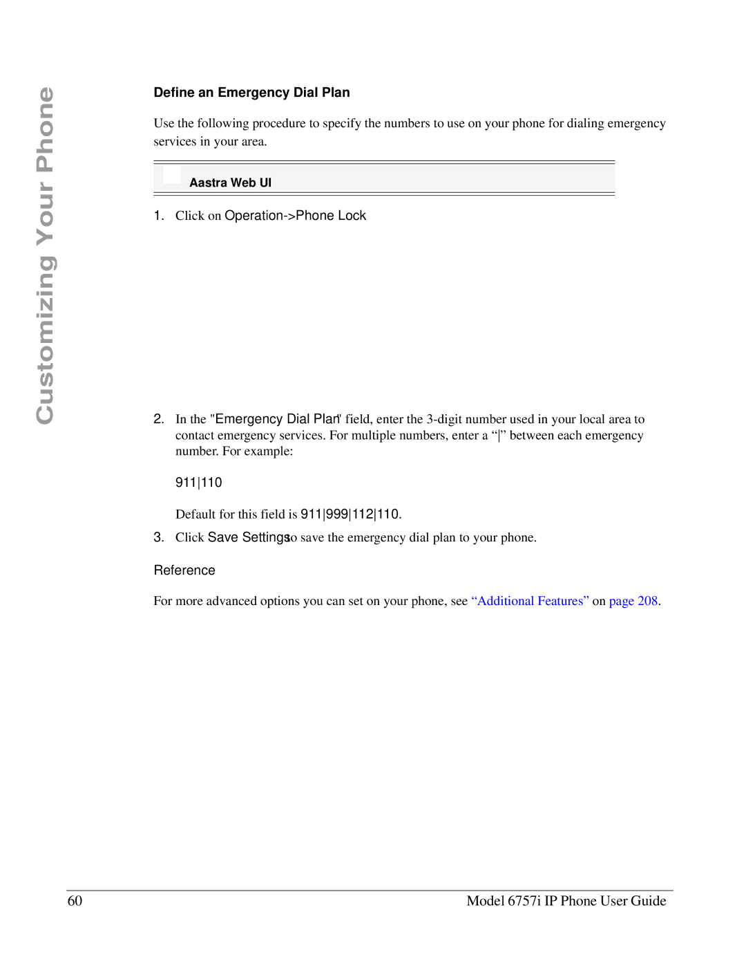 Aastra Telecom 6757I manual Define an Emergency Dial Plan, 911110 