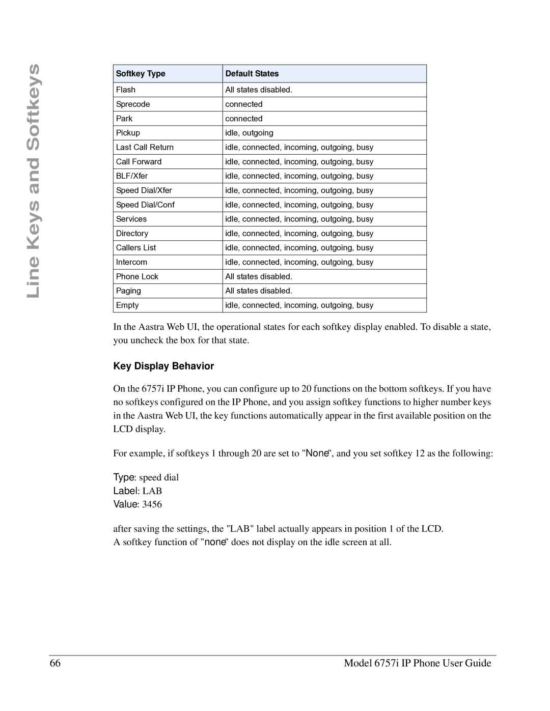 Aastra Telecom 6757I manual Key Display Behavior, Label LAB 