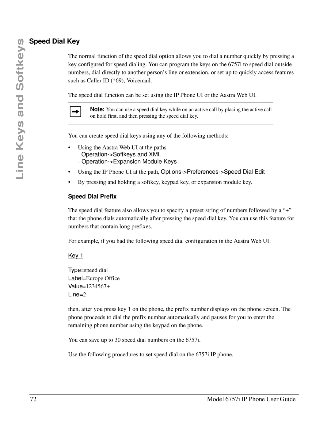 Aastra Telecom 6757I manual Speed Dial Key, Speed Dial Prefix, Line=2 