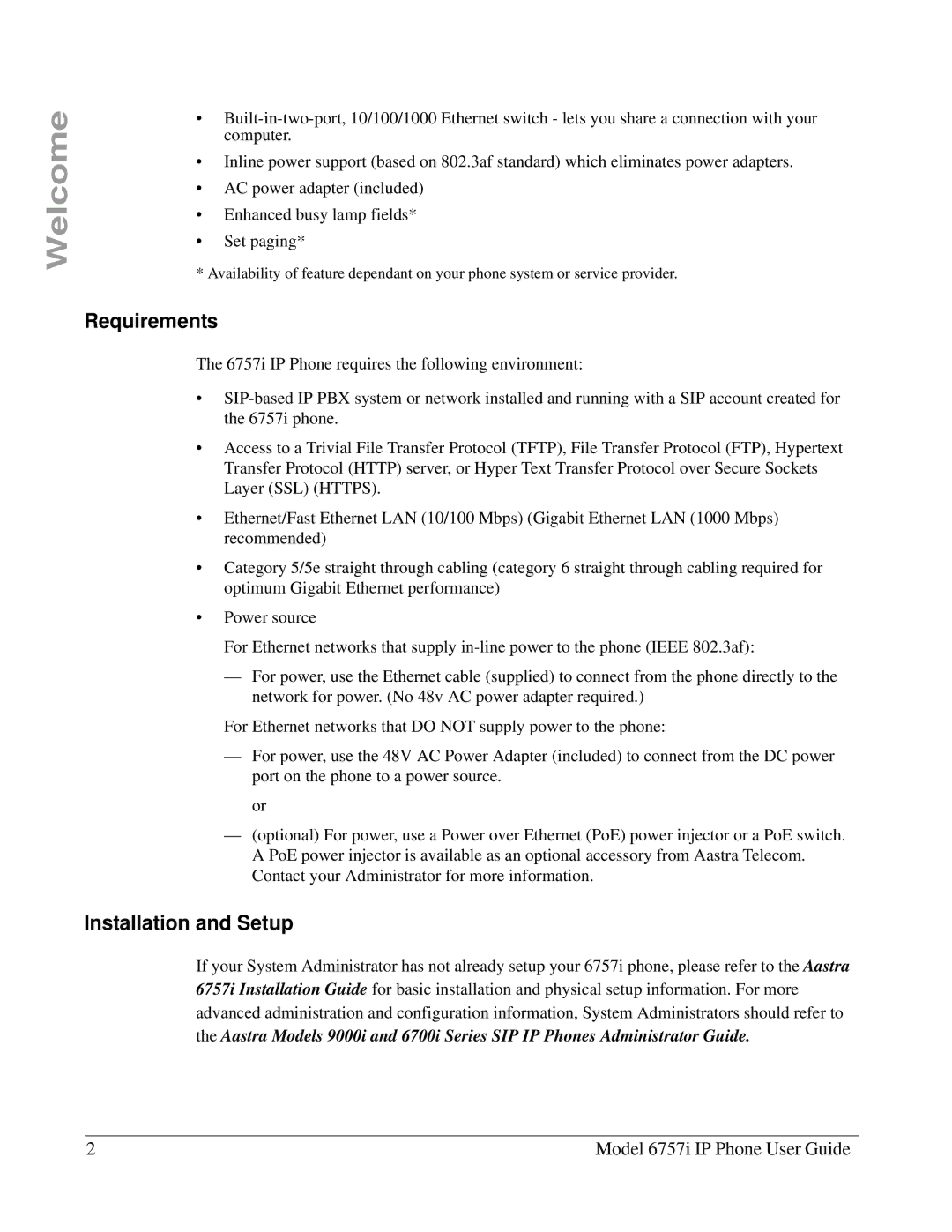 Aastra Telecom 6757I manual Requirements, Installation and Setup 