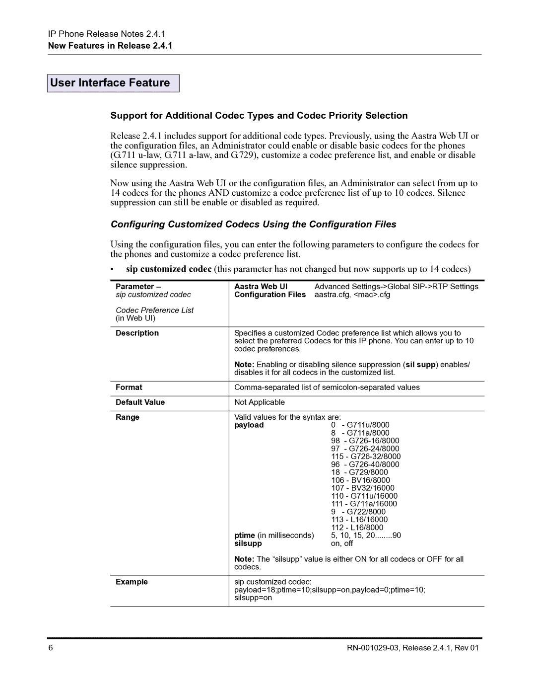 Aastra Telecom 675xi Series manual User Interface Feature, Parameter Aastra Web UI, Payload, Silsupp 