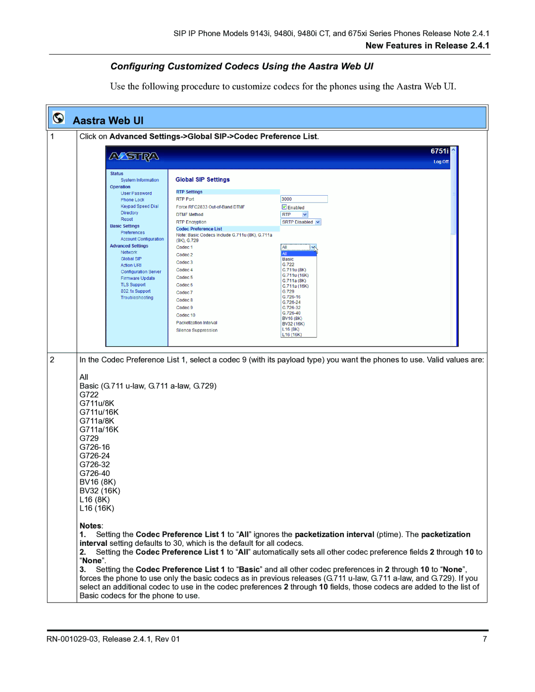 Aastra Telecom 675xi Series manual Aastra Web UI, Click on Advanced Settings-Global SIP-Codec Preference List 