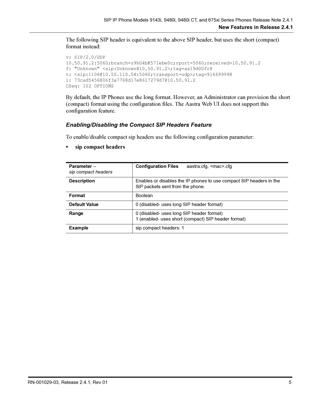 Aastra Telecom 675xi Series manual Parameter Configuration Files, Format, Default Value, Range, Example 