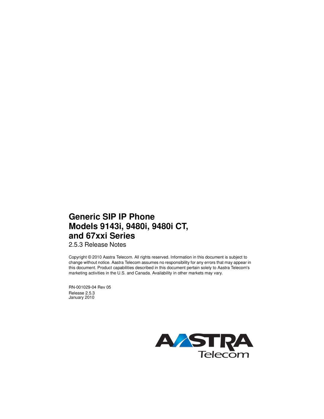 Aastra Telecom 67XXI manual Release Notes 