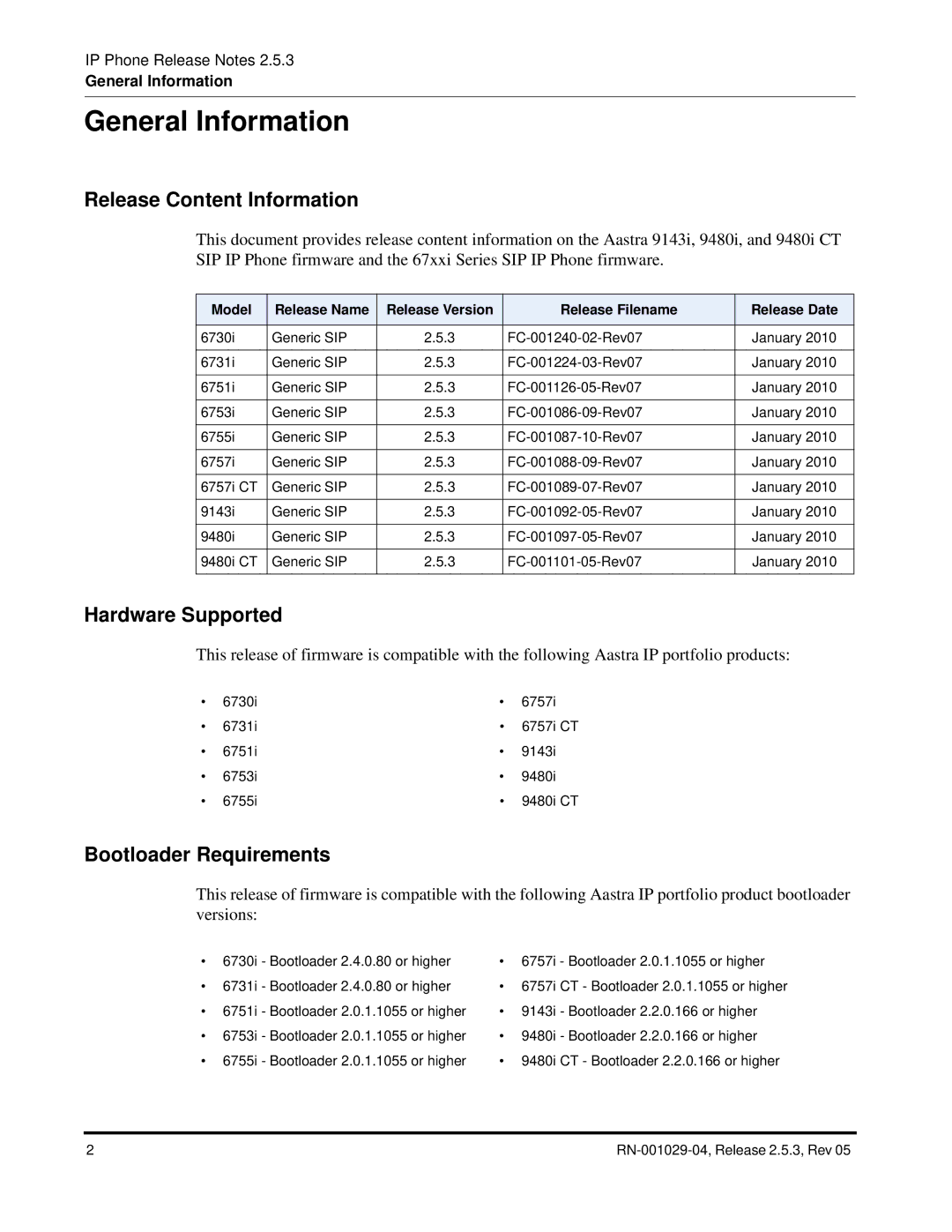 Aastra Telecom 67XXI manual General Information, Release Content Information, Hardware Supported, Bootloader Requirements 